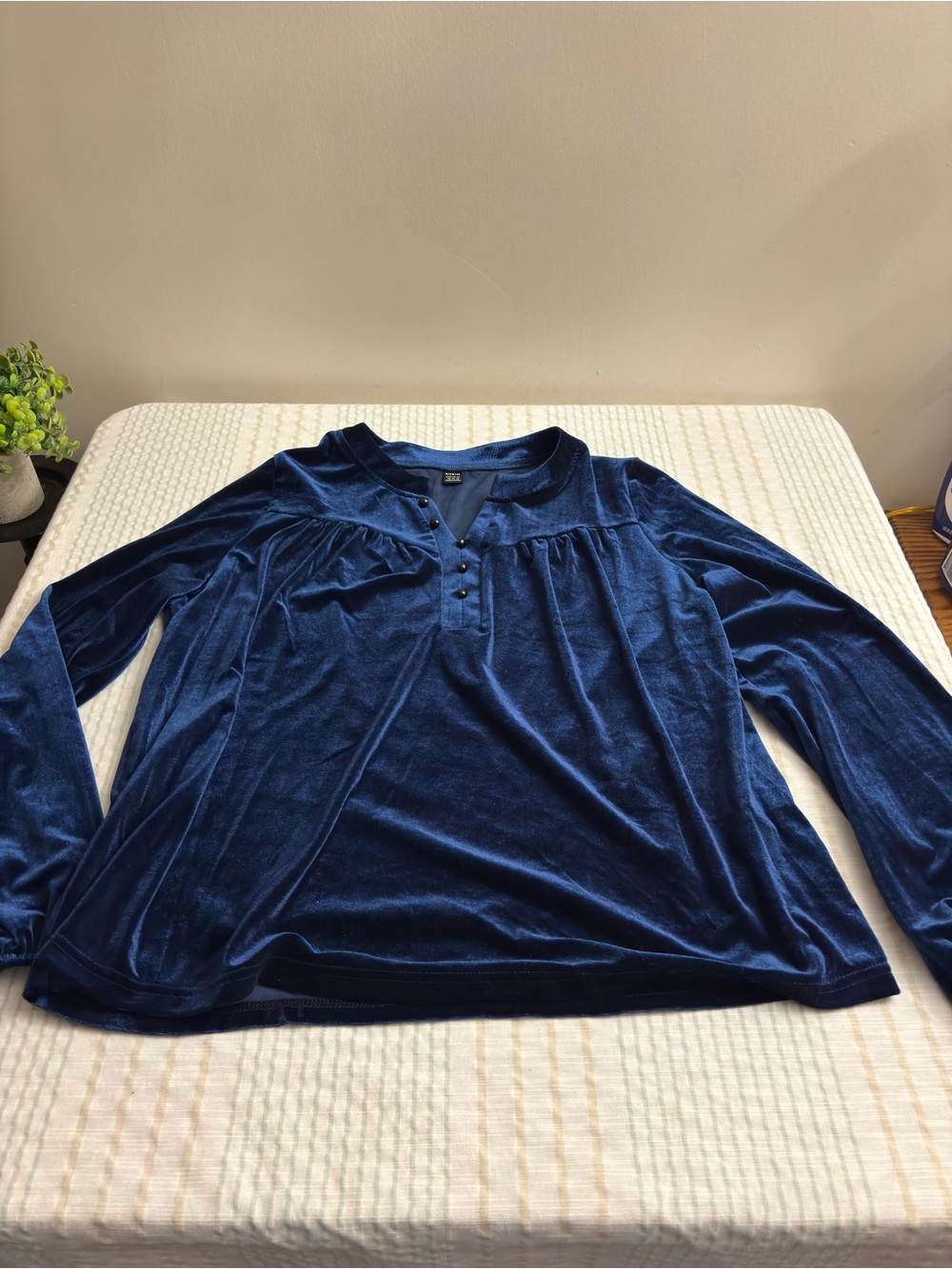 SHEIN Navy Velvet Henley Button-Front Long Sleeve Top